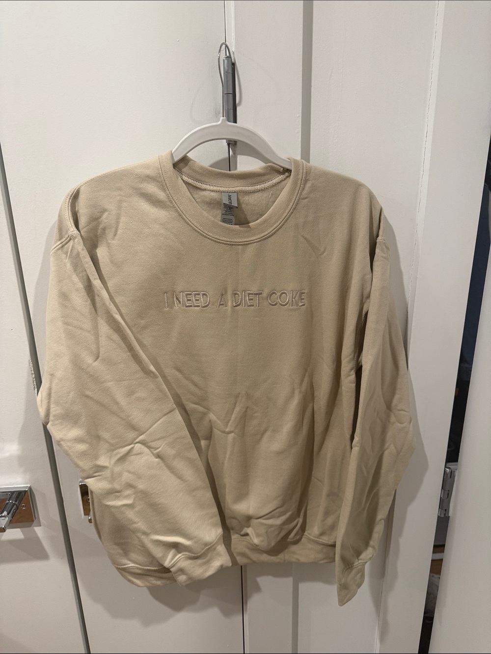 Gildan Beige Crewneck Sweatshirt with 'I NEED A DIET COKE' Embroidery